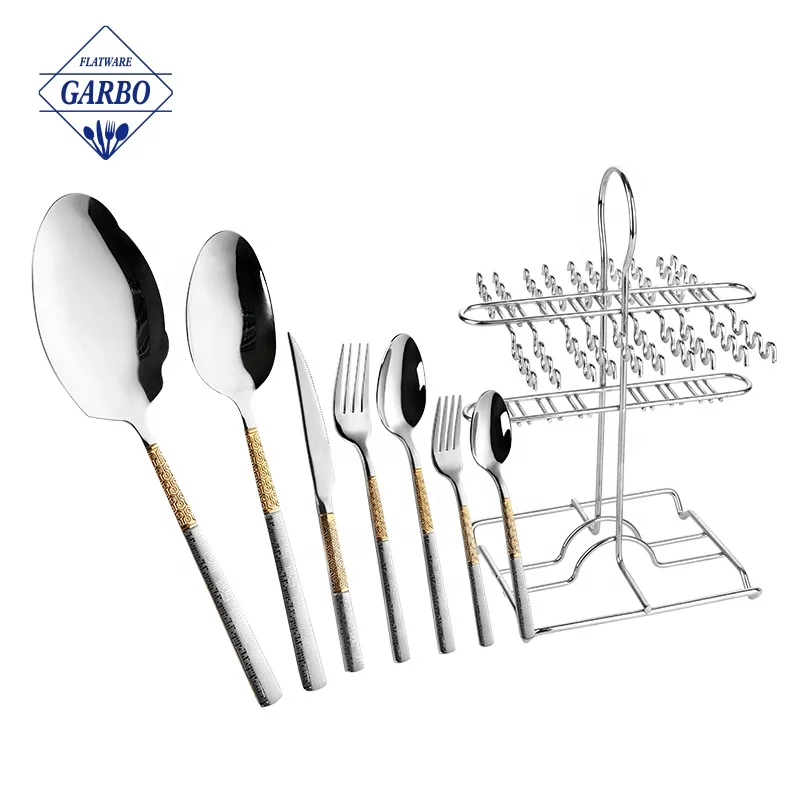 Middle East Egypt tableware 201 gold laser stainless steel spoon and fork 32pcs cutlery sets with hanging holder stand