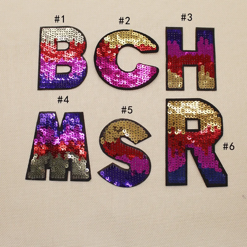 Wholesale high quality colorful english letter sequin patches custom embroidery