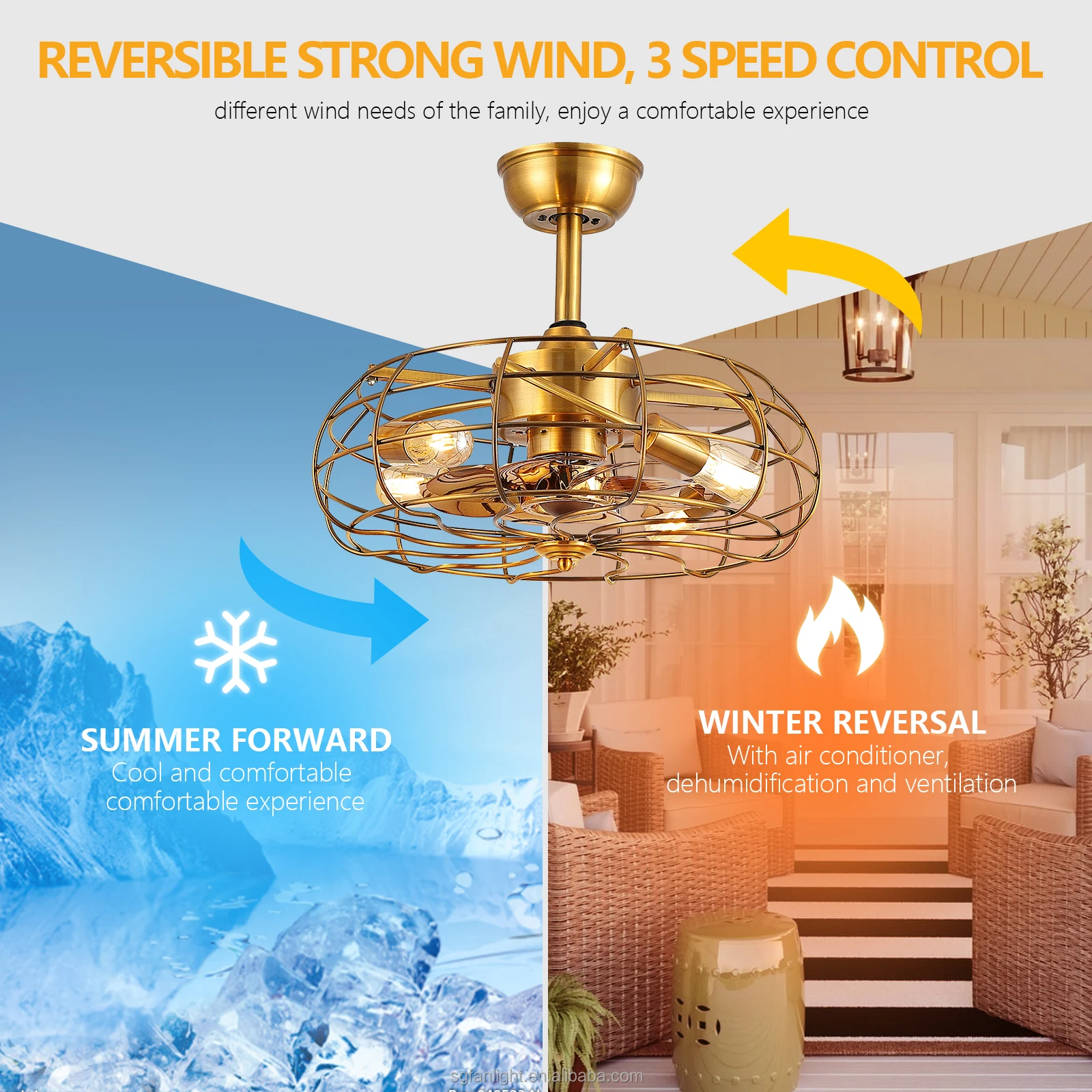 Copper Motor Gold Vintage Decorative Caged Ceiling Fan Remote Control Industrial Style Bladeless Led Ceiling Fan With Light