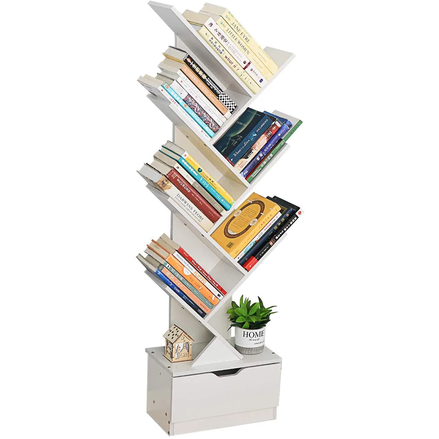 Free Standing White Tree Shape Book Display Shelf Makes the Most Use of Room Vertical Space