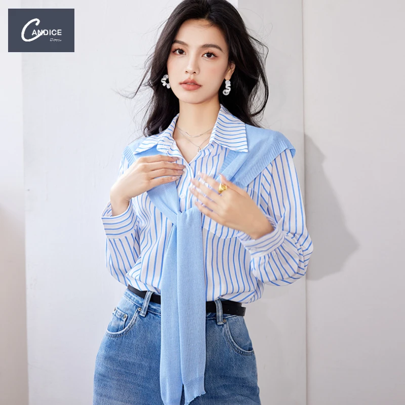 Candice French polo top fashion yellow knitted shawls stripe patchwork shirt