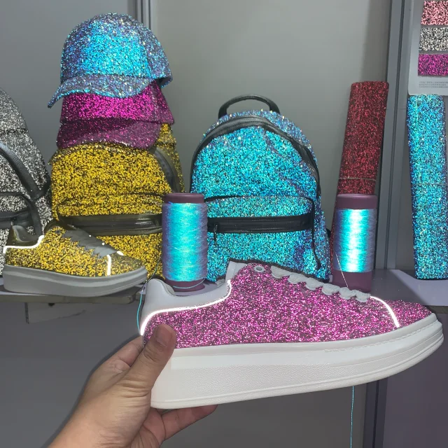 Chunky Glitter Glow In Dark Glitter Reflective PU Leather Fabric For Shoes Handbags Purses