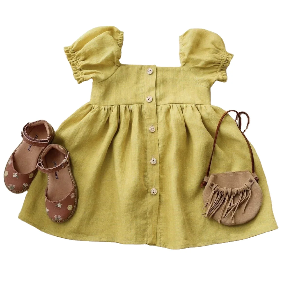 OEM Australia US Summer Cotton Linen Dresses Puff Short Sleeve Dress Linen Girls Square Collar Front Buttons Girls Dress Linen