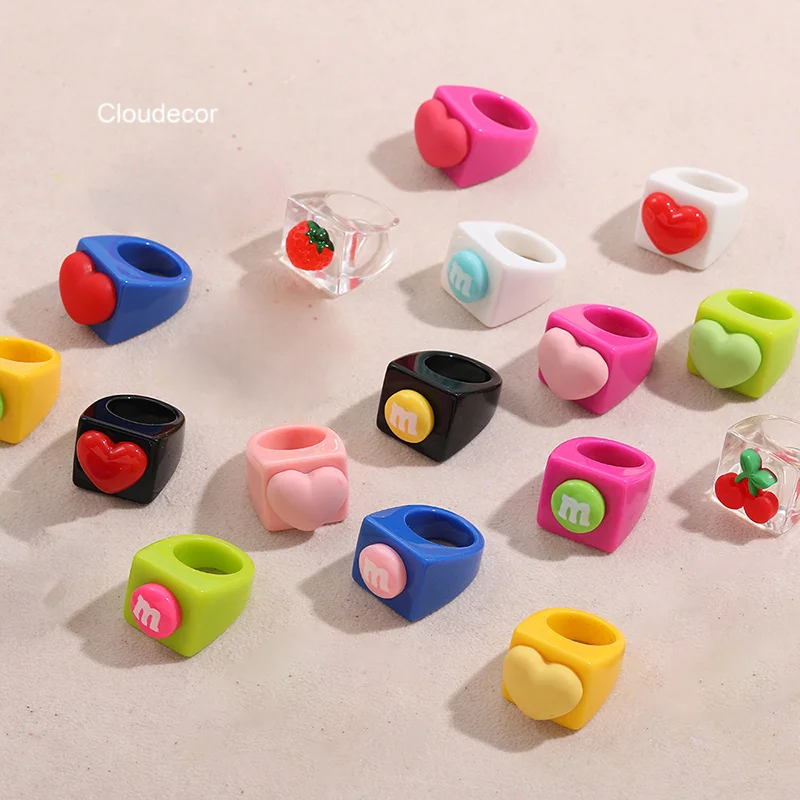 Корейское кольцо с надписью M на весну и лето, женское кольцо на палец с объемным большим сердцем, акриловое кольцо из смолы цвета клубники, вишни, желе