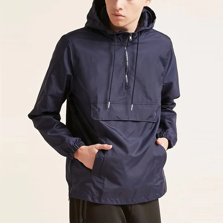 custom pullover windbreaker men nylon half zip anorak jacket with front flap pocket drawstring hood