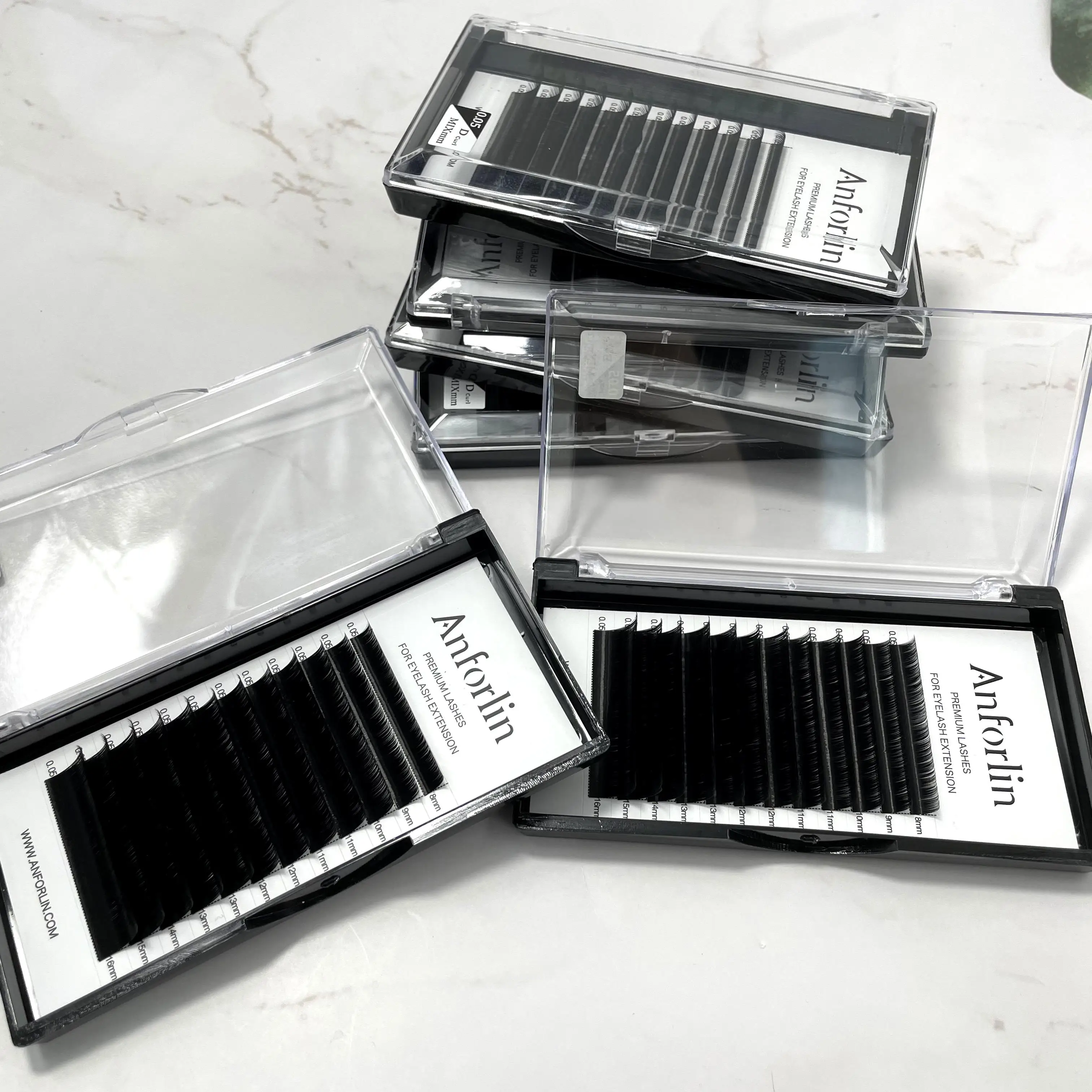Anforlin private label pbt silk individual dd curl eyelash extensions wholesale premium mixed lash trays vendors