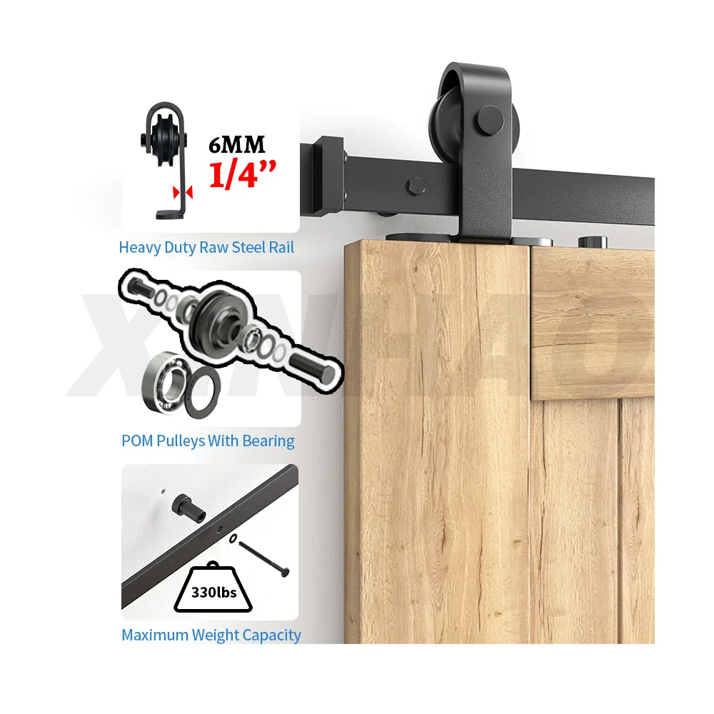 5.5FT Single Door French Style Top Mount Carbon Steel Metal Sliding Door Hardware Black Framed  Barn Door Hardware Kit