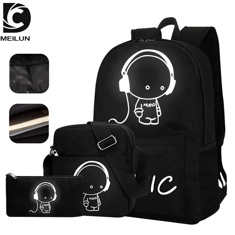 Hot Sale Fashion Custom Logo Luminous School Bags Backpacks 3 pcs  Backpack set