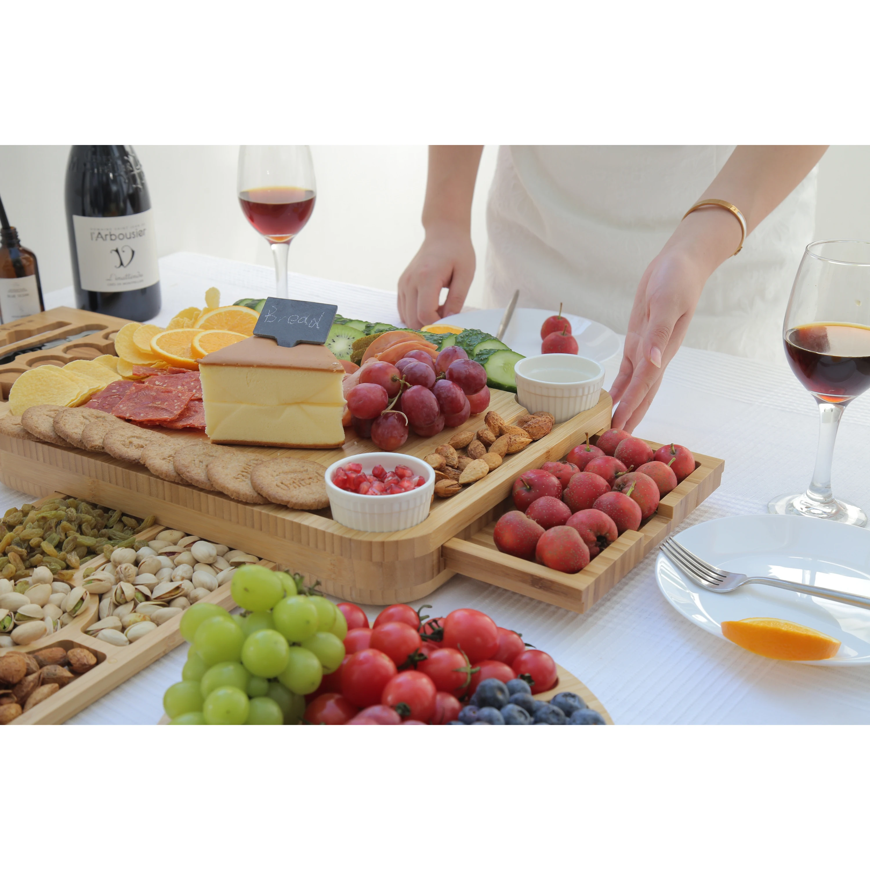 Натуральная бамбуковая разделочная доска с квадратным логотипом на заказ сырная деревенский Набор ножей для пикника электрическая открывалка бутылок вина комплект