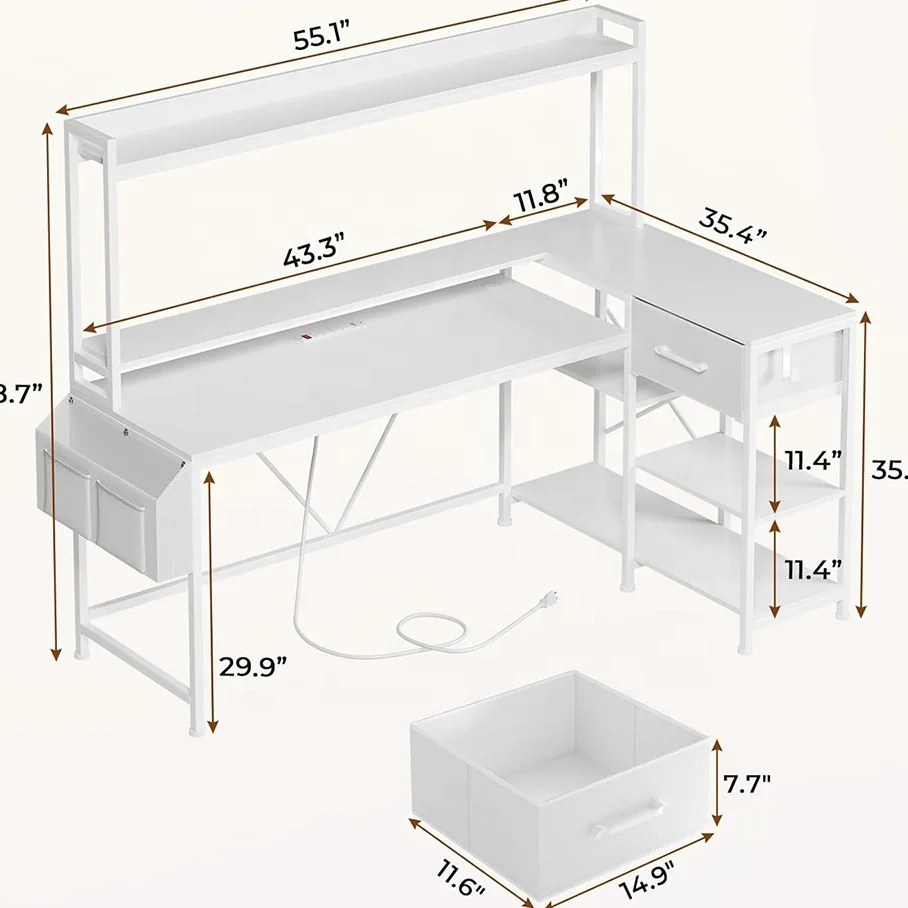 White L Shaped Office Table Storage Shelves Corner Desk L Shaped Gaming Desk with LED Lights