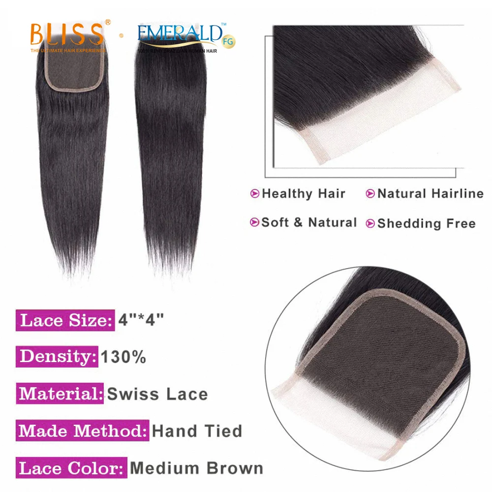 Bliss Emerald Virgin Remy Brazilian 4x4 Lace Closure Straight Cuticle Aligned Cheap Price Closure Best Hair with Baby Hair