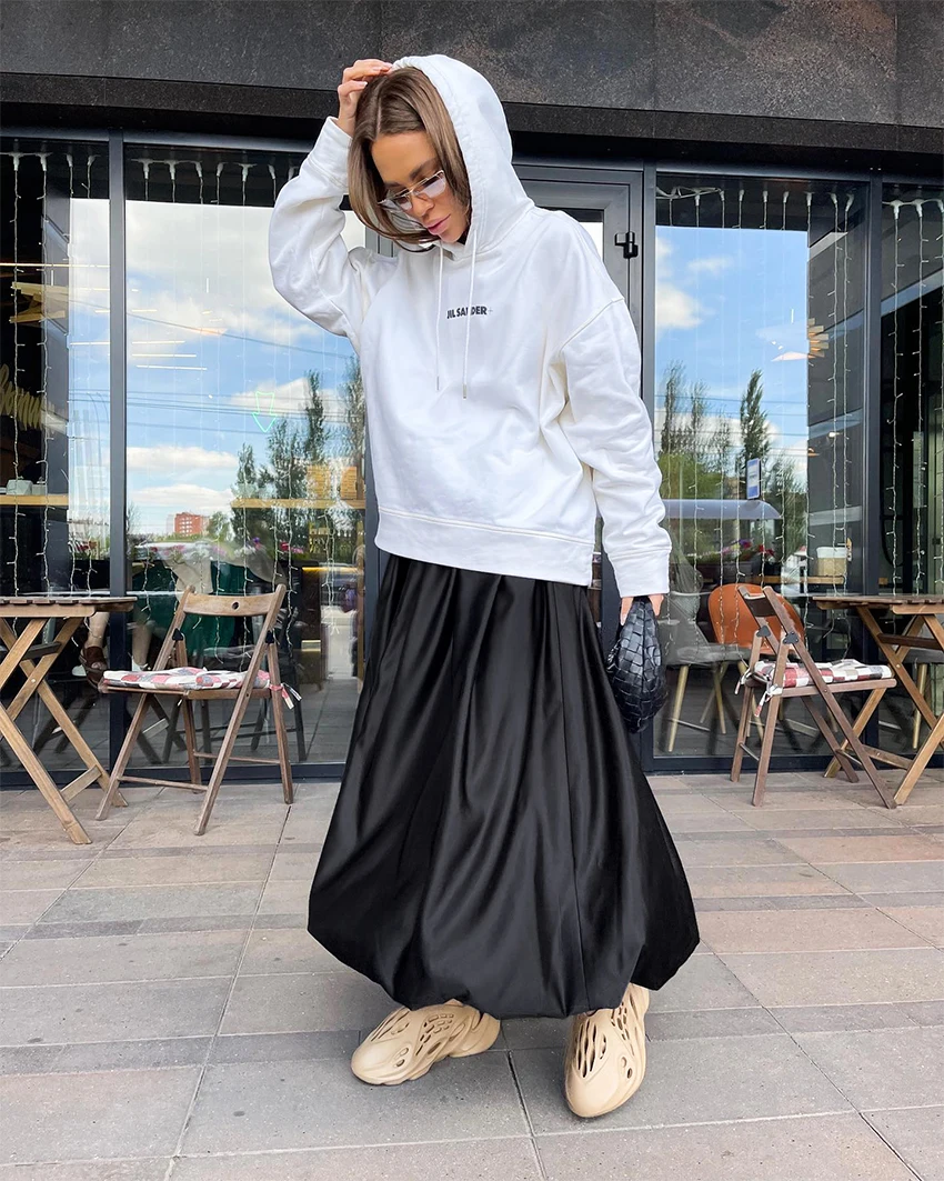 OOTN Autumn Pleated Long Skirt Female Vintage Chic Women Fashion White Party Midi Skirt Elegant Loose Pink Skirts