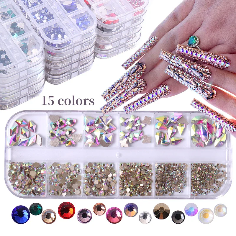 Colorful Nail Rhinestones 12 Grid Glass Flatback Nail Gems Round Crystal Manicure Diamond Gemstones for Nails Decoration