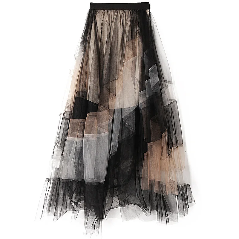 2023 Fashion elastic waist multi-layer patchwork gradient contrast color gauze skirt new layered irregular skirt