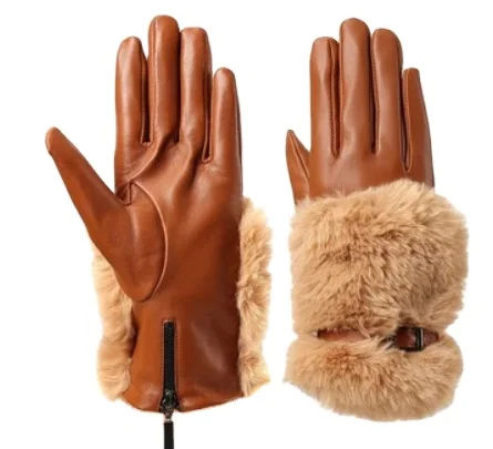 Ladies leather gloves with rex rabbit fur cuff