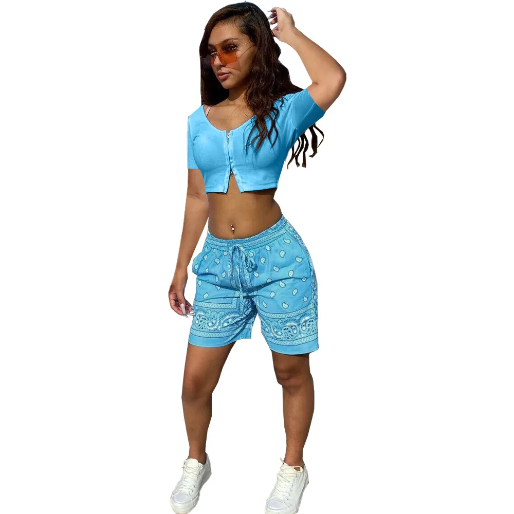
2021 Wholesale New Arrivals Summer Casual Sexy S-XL Street Hip-hop Crop Top Short Pants Paisley Set Bandanna Outfits 