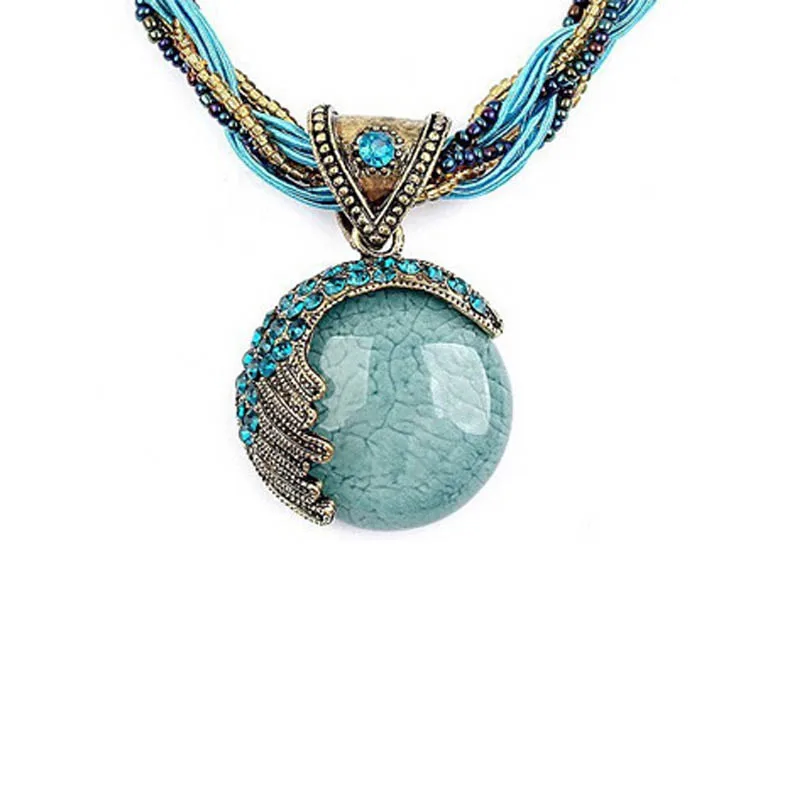 SC Wholesale Bohemian Handmade Rope Seedbead Necklace Fashion Turquoise Rhinestone Pendant Necklace Jewelry
