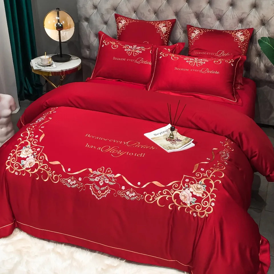 High-end Luxury European-style Pure Cotton Silk Embroidered Cotton Bedsheet Comforter Cover Bed Skirt 4pcs Bedding Set