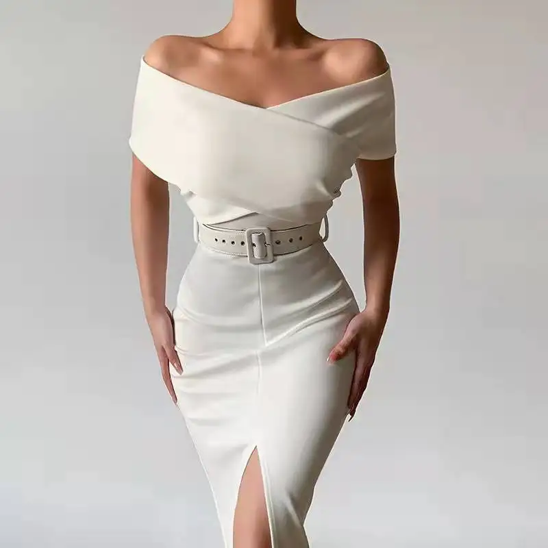 Весенне-летнее Новое модное пикантное облегающее офисное платье с открытыми плечами и поясом с разрезом