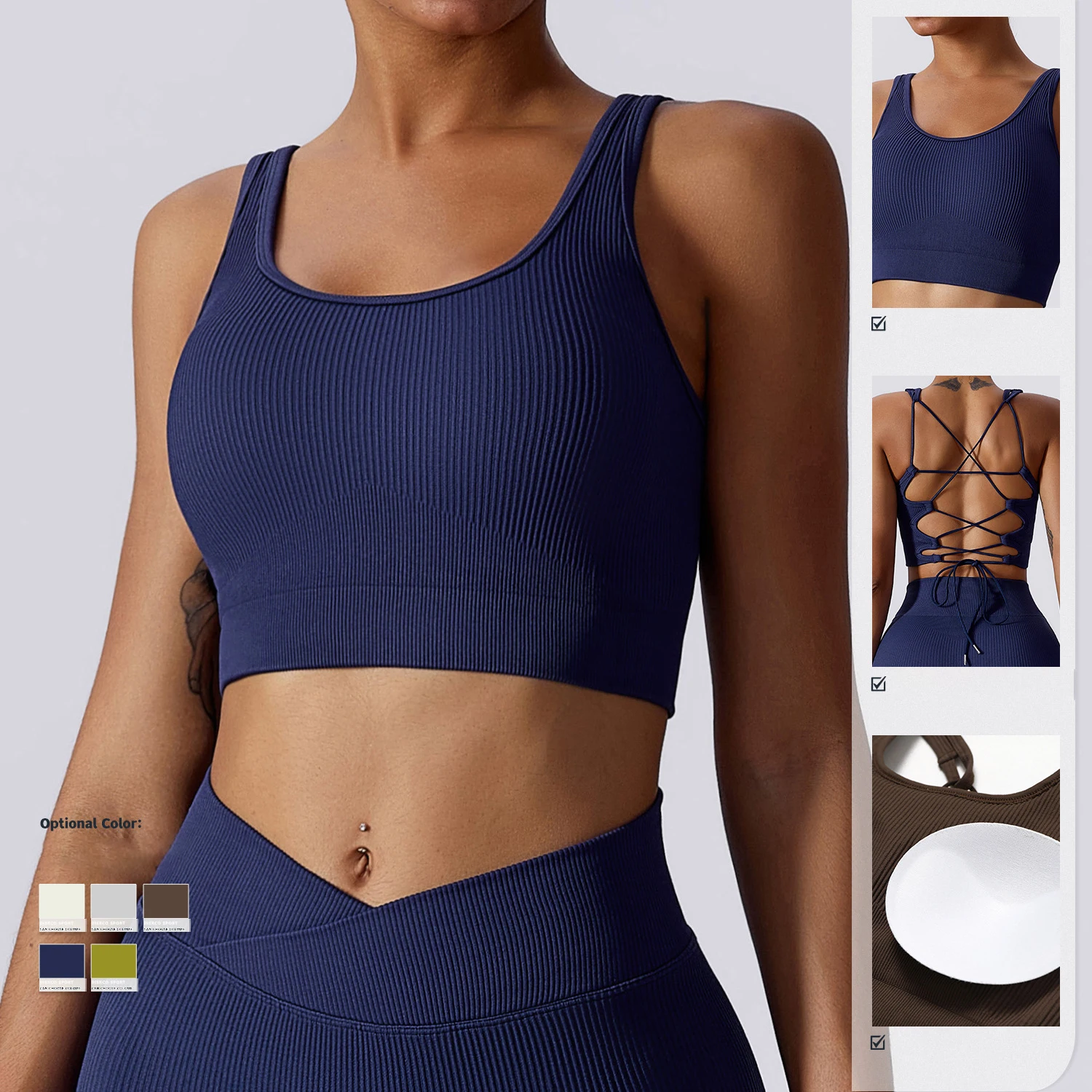 Cross back youth multi strap sports bra with unique designs pads sewn in