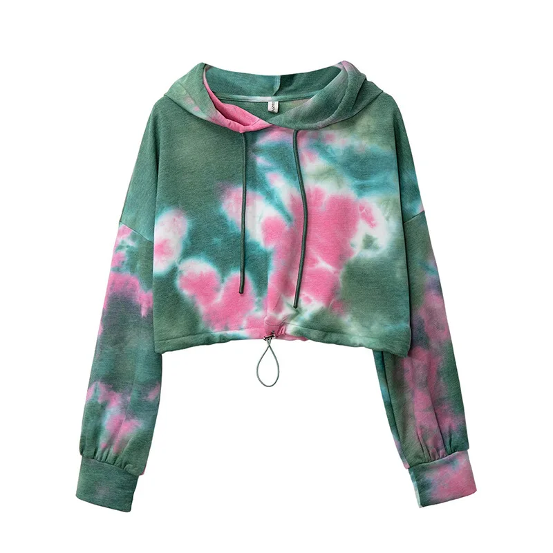 Women clothing cheap high quality 100 cotton tie dye crop top hoodie sport thin hoody