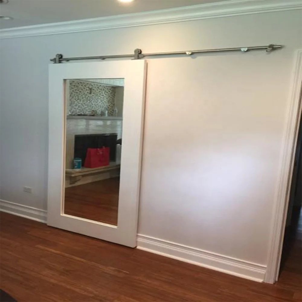 Elegant Mirror Wood Door Grey Painted Interior Bedroom Sliding Mirrored Barn Door With Hardware