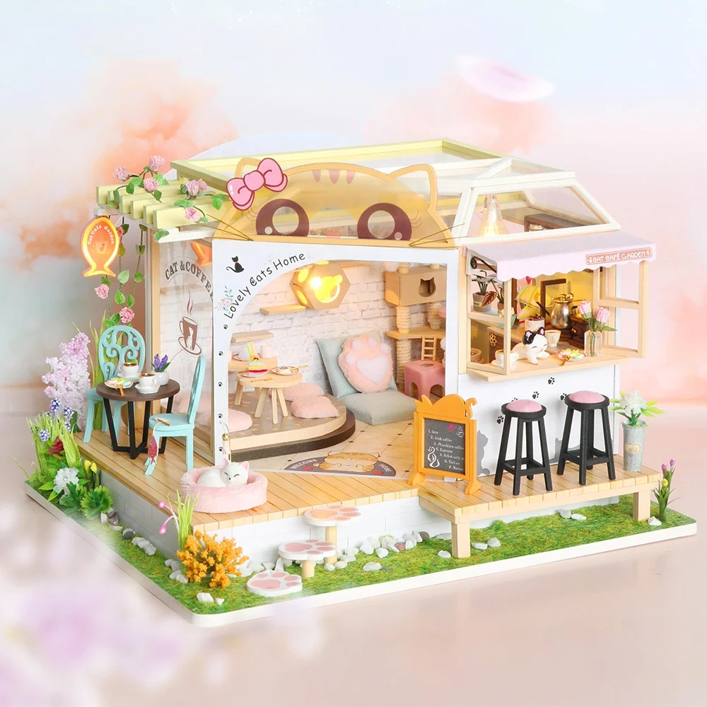 DIY Miniature Doll House Flower Cat Coffee Garden