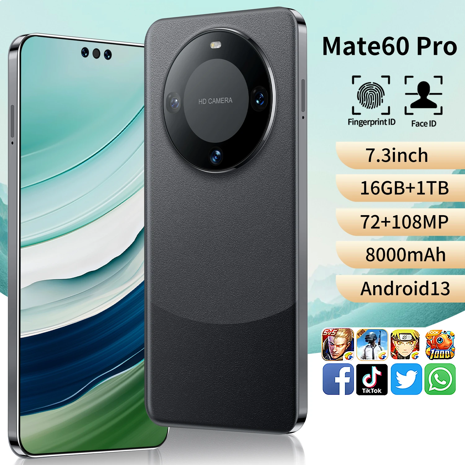 2023 hot selling Mate60pro 7.3inch large screen Android13 mobile phones with multiple colors available best gift cell phone