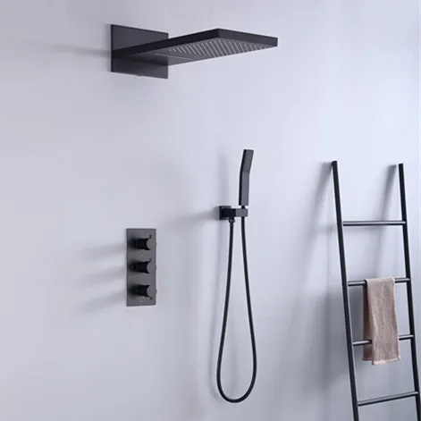Villa Luxurious Thermostatic Shower Diverter Rainfall Shower Faucet Set with Ceiling Waterfall Shower Head Brass Modern Black
