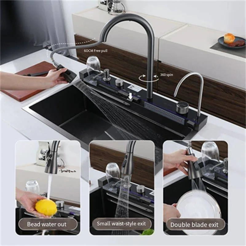 kitchen sinks 304 stainless steel kitchen sink faucet Multifunction modern black waterfall rainfall single bowl kitchen sink set