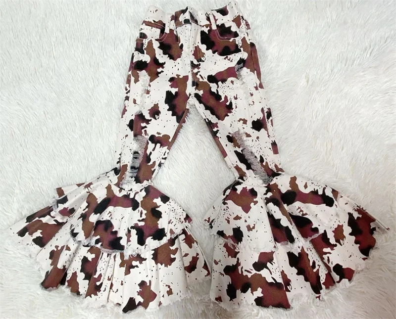 2024 New Western Style Brown Cow Printed Baby Girls Boys Denim Bell Bottoms Pants Children Double Bells Jeans