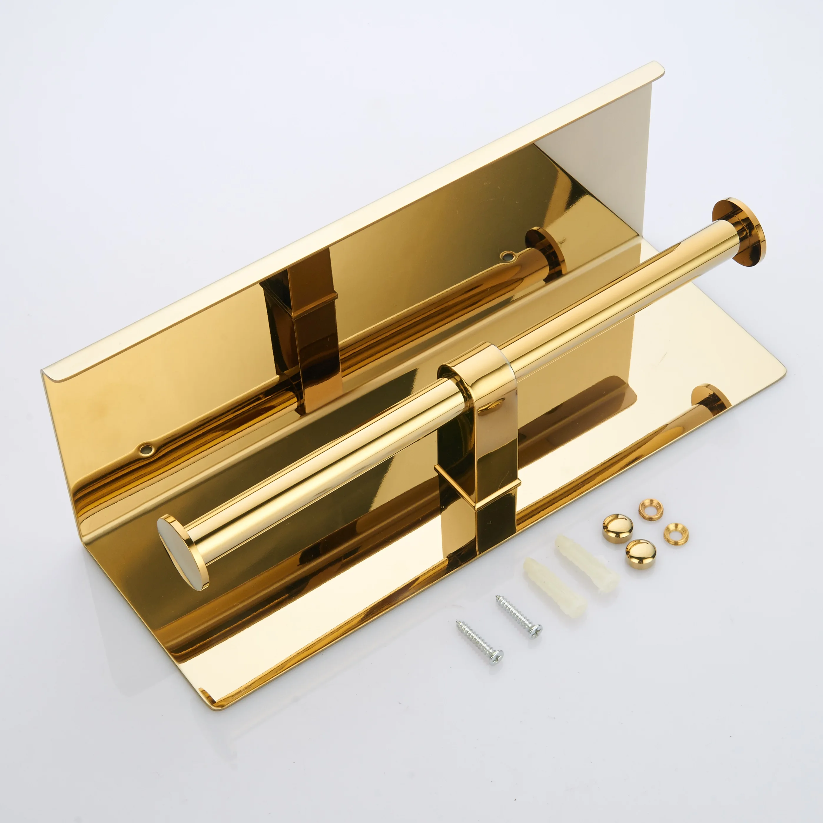 304 Stainless Steel Wall Mounted Gold Plated Paper Toilet Holder With Mobile Phone Shelf