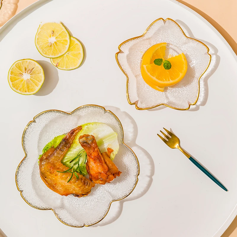Wholesale Decorative Salad Plate Gold Rim Dessert Glass Bowl  Restaurant Bowl Spoon Dinnerware Plate Glass Dishes and bowls