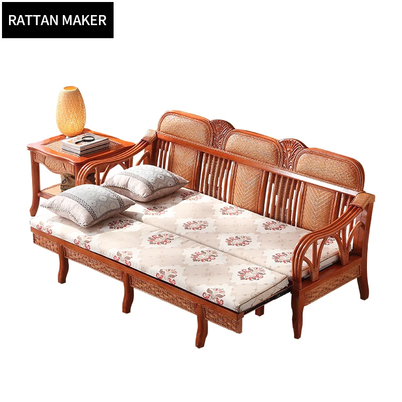 South American Walnut Solid Wood bed Upholstered Fabric Adjustable  Wooden Folding Sofa Bed