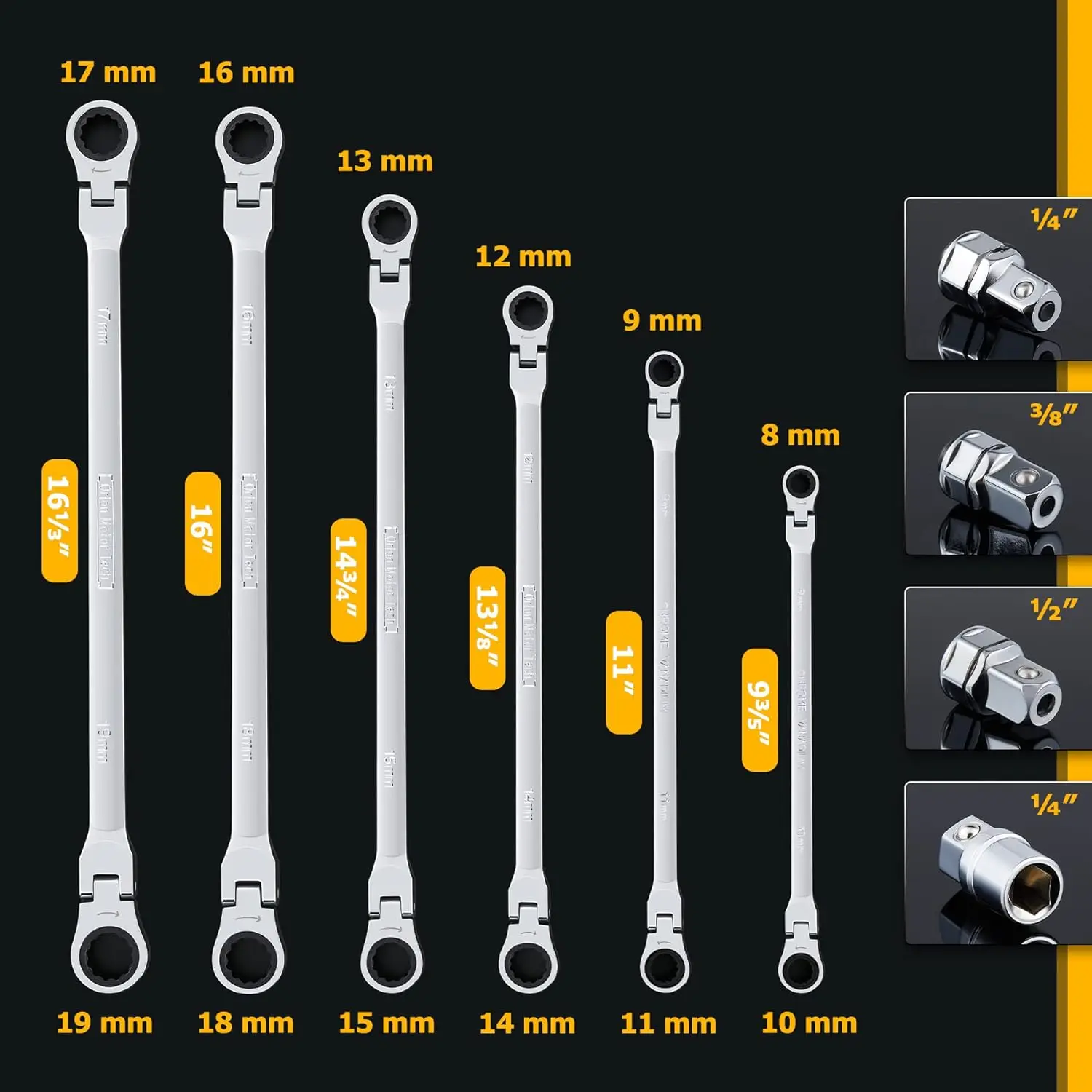 10 Pcs Metric Extra Long Double End Flex Head Aviation Wrench Ratchet Wrench Spanner Set 8mm-19mm Chrome Vanadium Steel