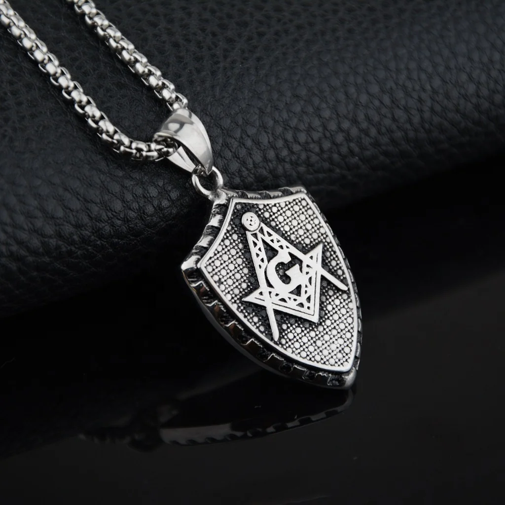 Stainless Steel Custom Jewelry Shield Two Tone AG Masonic Freemason Pendant Necklace for Men