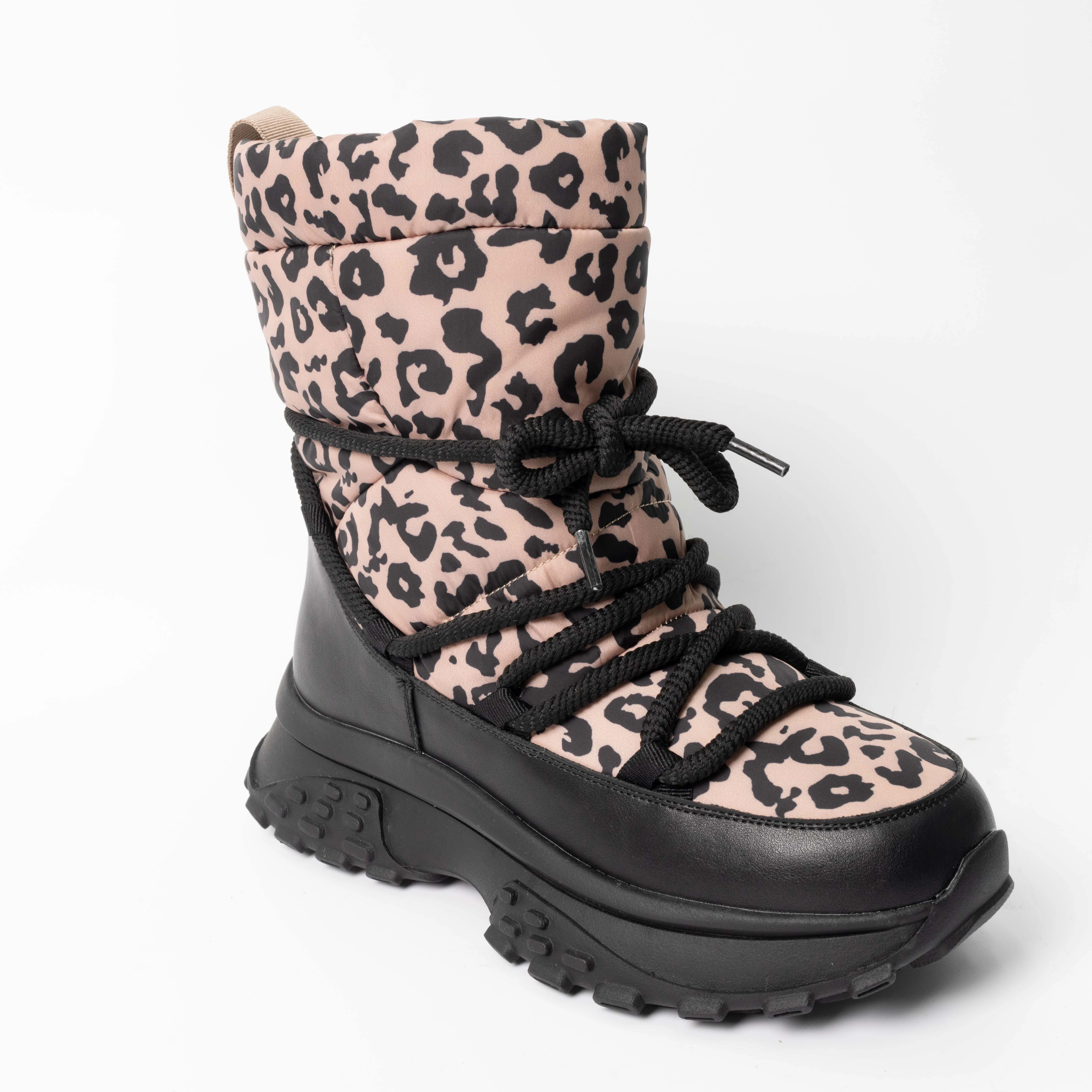 YZY wholesale OEM women pink and black leopard microfiber leather and nylon winter casual boots