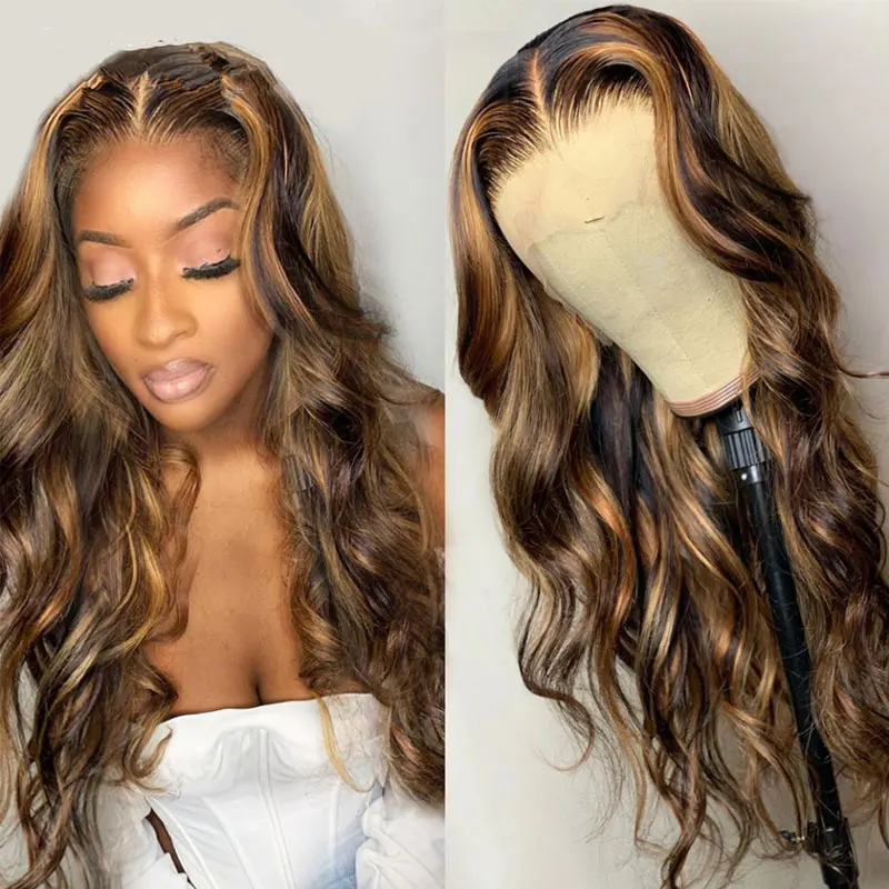 Body Wave Blonde Highlight Lace Wig Highlighted Human Hair Lace Wigs Bodywave Brown Highlights Middle Lace Closure Frontal Wig