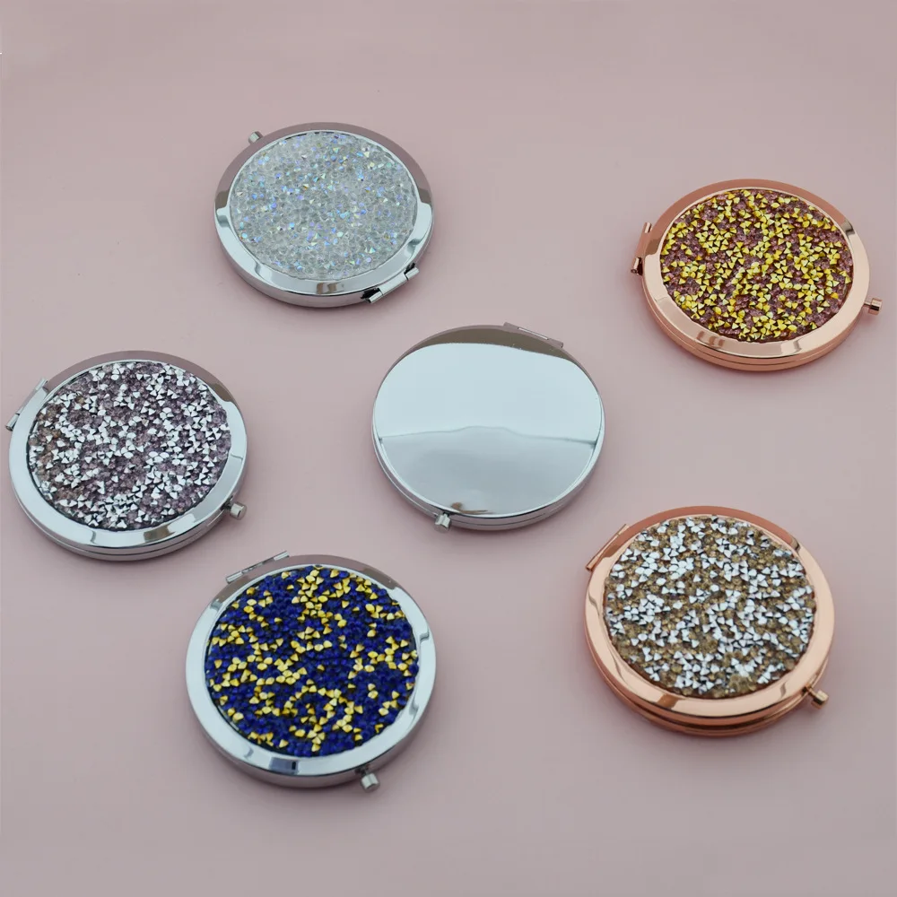 Custom Bling Crystal Rhinestone Diamond Portable Mini Folding Round Pocket Makeup 1x 2x Magnifying Mirrors Gold Silver Compact