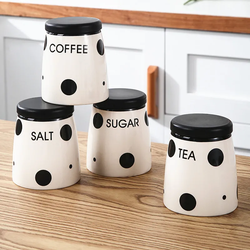 America kitchen storage tea coffee sugar canister set polka dot design ceramic food storage jar with lid