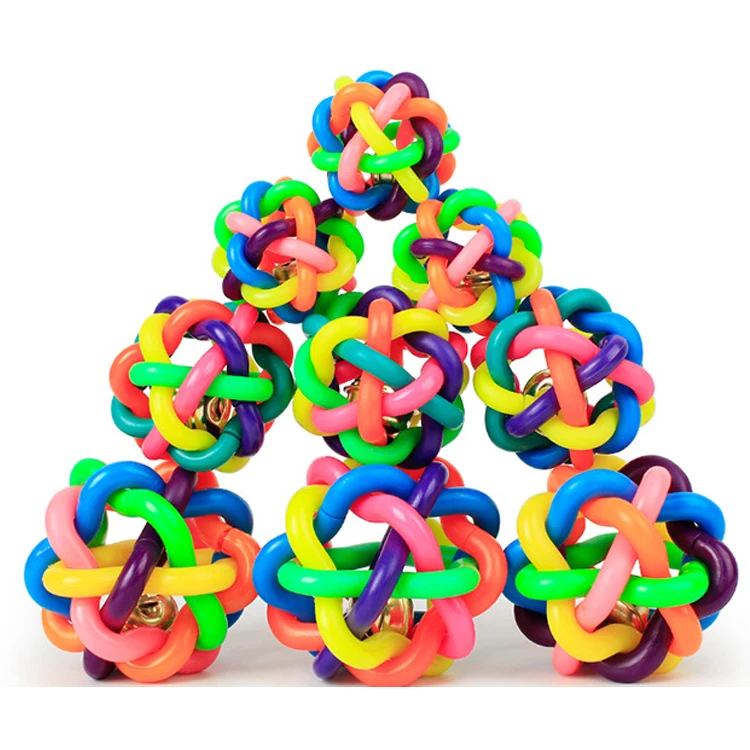 Factory stock rubber pet cat toy colorful bell woven ball dog toy