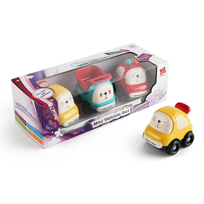 Baby Cute Cartoon Friction Powered Police Car Dump Truck Taxi Push And Go Mini Vehicle Set Plastic Inertia Car Toys For Kids