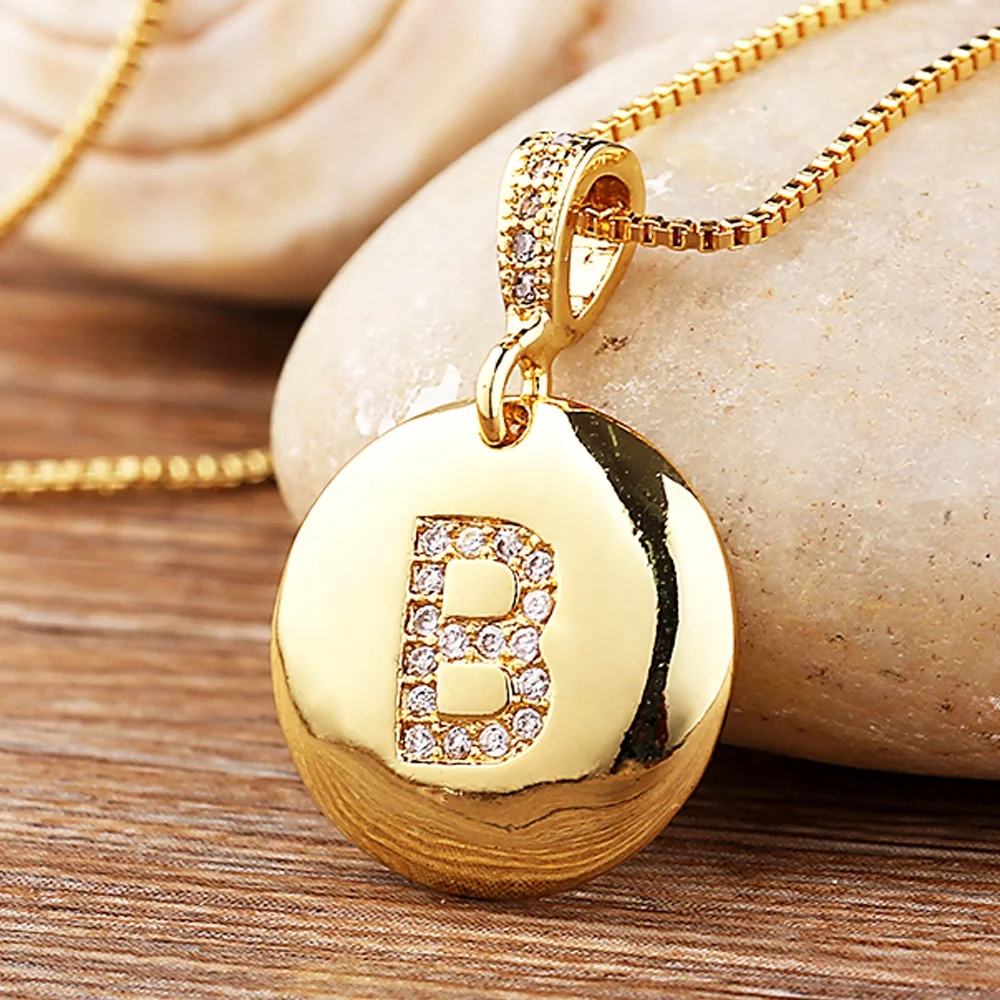 Fashion 26 Letters Pendant Necklace For Woman Girls Cute Gold Color Copper Zircon Round Necklace Fine Party Wedding Jewelry