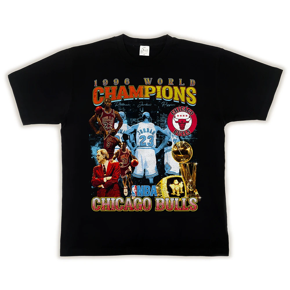 1996WORLD сhampions Чикаго bullsbasketball Мемориал футболка 100% органический хлопок Ретро черного цвета для мужчин с коротким рукавом