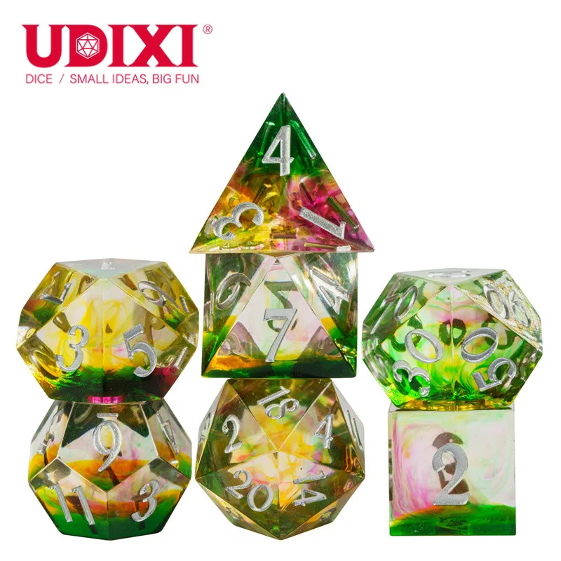 Udixi customize dnd dice sets Pink Green Yellow Color Mixing Game dice dungeons and dragons sharp edge dice