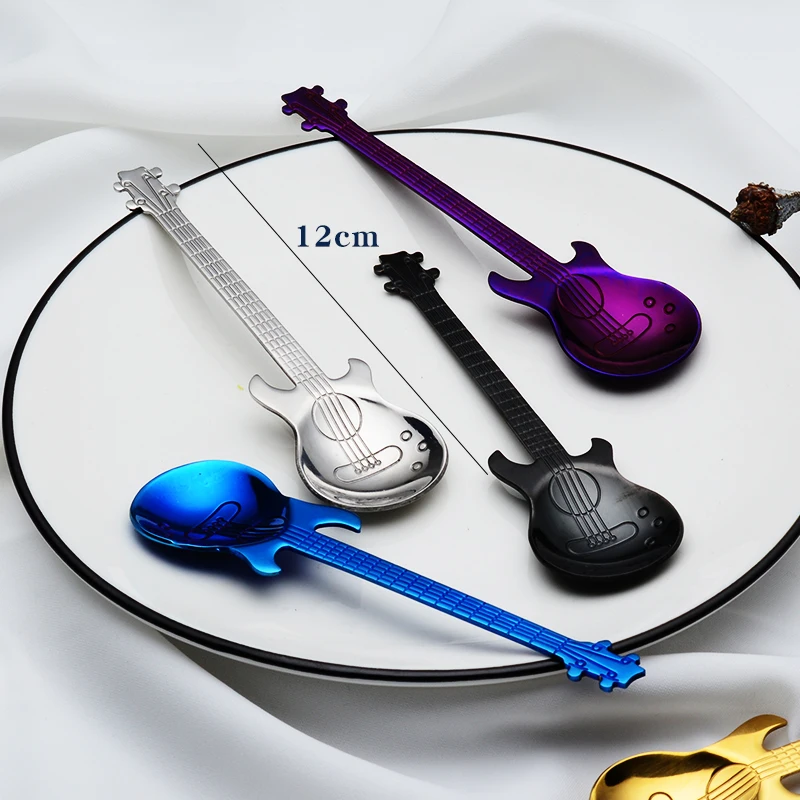 
Unique Guitar Shape Colorful Stainless Steel Small Coffee Spoon Dessert Sugar Spoon Flatware Cutlery Set for Party 