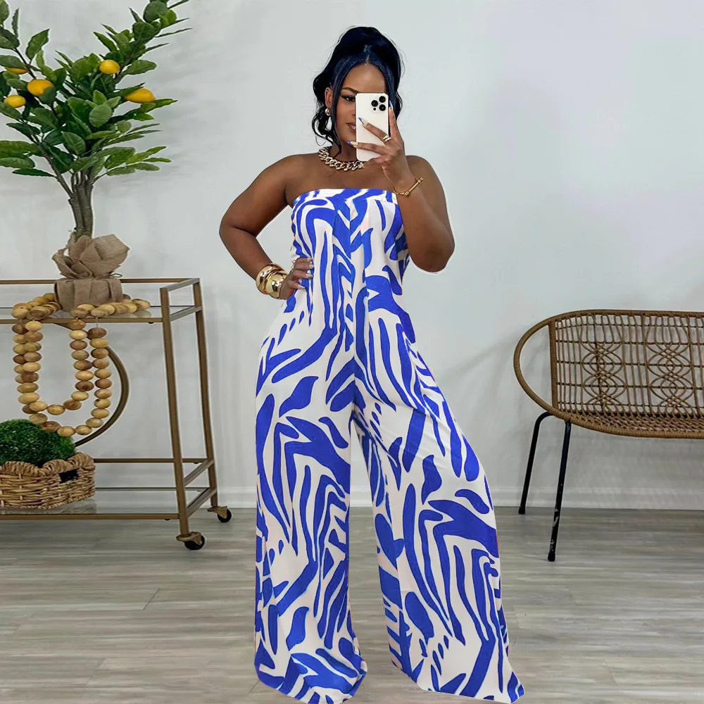 Liu Ming Clearance Sales Fashion New Women Sexy Strapless Print Sleeveless Casual Loose Wide Leg Jumpsuit