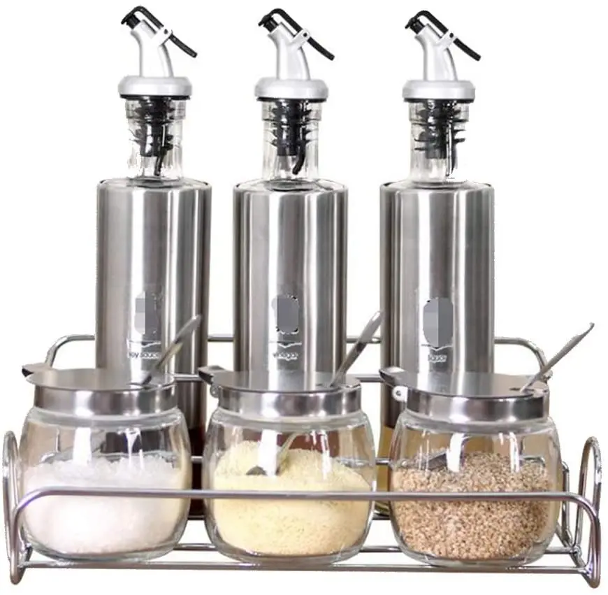 Stainless Steel Body Glass Olive Oil Vinegar Dispensers Bottle Cruet Small Salt and Pepper Shakers Set with Stand