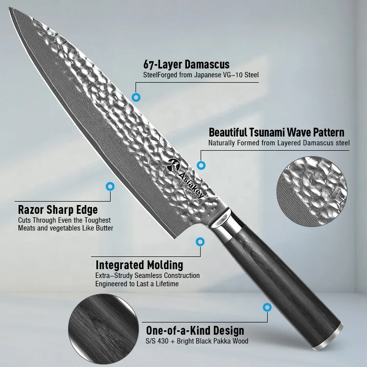 Customized Pakka Wood Handle 5 PCS Professional Chef Knives Damascus Steel Hammed Pattern Santoku Slicer Knife Kitchen Knife Set