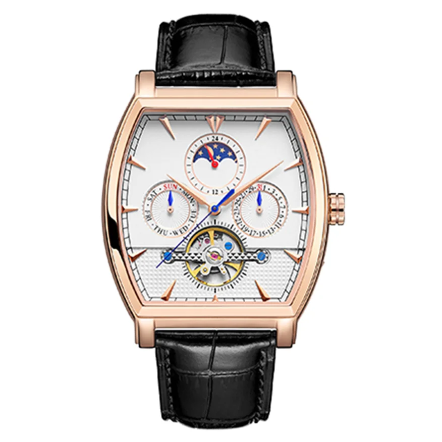 Fashion stainless steel barrel case skeleton flywheel 24 hour show men waterproof mechanical watches